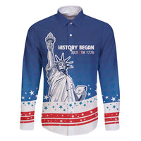 History Began 4th of July Personalized Family Matching Off The Shoulder Long Sleeve Dress and Hawaiian Shirt Statue of Liberty US Flag