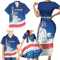 History Began 4th of July Personalized Family Matching Short Sleeve Bodycon Dress and Hawaiian Shirt Statue of Liberty US Flag