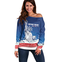 History Began 4th of July Personalized Off Shoulder Sweater Statue of Liberty US Flag