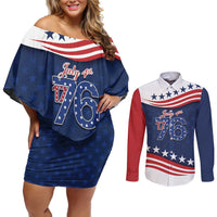 July 4th 1776 American Flag Vintage Personalized Couples Matching Off Shoulder Short Dress and Long Sleeve Button Shirt USA Independence Day