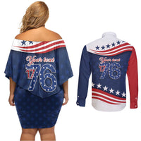 July 4th 1776 American Flag Vintage Personalized Couples Matching Off Shoulder Short Dress and Long Sleeve Button Shirt USA Independence Day