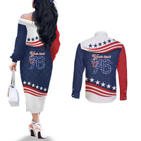 July 4th 1776 American Flag Vintage Personalized Couples Matching Off The Shoulder Long Sleeve Dress and Long Sleeve Button Shirt USA Independence Day