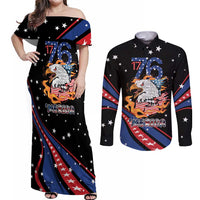 Personalized America History Began 4th of July Couples Matching Off Shoulder Maxi Dress and Long Sleeve Button Shirt Fire Bald Eagle US Flag