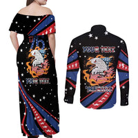 Personalized America History Began 4th of July Couples Matching Off Shoulder Maxi Dress and Long Sleeve Button Shirt Fire Bald Eagle US Flag