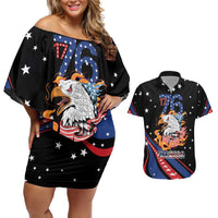 Personalized America History Began 4th of July Couples Matching Off Shoulder Short Dress and Hawaiian Shirt Fire Bald Eagle US Flag