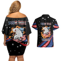 Personalized America History Began 4th of July Couples Matching Off Shoulder Short Dress and Hawaiian Shirt Fire Bald Eagle US Flag