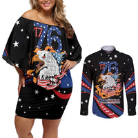 Personalized America History Began 4th of July Couples Matching Off Shoulder Short Dress and Long Sleeve Button Shirt Fire Bald Eagle US Flag