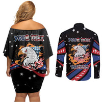 Personalized America History Began 4th of July Couples Matching Off Shoulder Short Dress and Long Sleeve Button Shirt Fire Bald Eagle US Flag