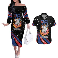 Personalized America History Began 4th of July Couples Matching Off The Shoulder Long Sleeve Dress and Hawaiian Shirt Fire Bald Eagle US Flag