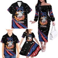 Personalized America History Began 4th of July Family Matching Off The Shoulder Long Sleeve Dress and Hawaiian Shirt Fire Bald Eagle US Flag