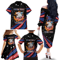 Personalized America History Began 4th of July Family Matching Off The Shoulder Long Sleeve Dress and Hawaiian Shirt Fire Bald Eagle US Flag