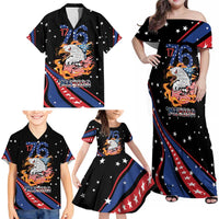Personalized America History Began 4th of July Family Matching Off Shoulder Maxi Dress and Hawaiian Shirt Fire Bald Eagle US Flag