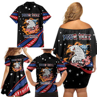 Personalized America History Began 4th of July Family Matching Off Shoulder Short Dress and Hawaiian Shirt Fire Bald Eagle US Flag