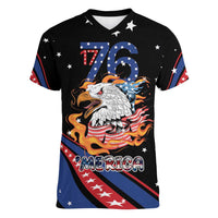 Personalized America History Began 4th of July Women V-Neck T-Shirt Fire Bald Eagle US Flag