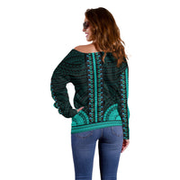 African Dashiki Off Shoulder Sweater With Polynesian Pattern - Teal - Wonder Print Shop