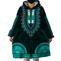 African Dashiki Wearable Blanket Hoodie With Polynesian Pattern - Teal - Wonder Print Shop