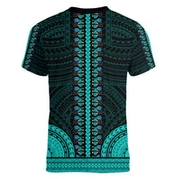 African Dashiki Women V Neck T Shirt With Polynesian Pattern - Teal - Wonder Print Shop