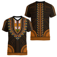 African Dashiki Women V Neck T Shirt With Polynesian Pattern - Gold - Wonder Print Shop