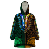 African Dashiki Wearable Blanket Hoodie With Polynesian Pattern - Half Green and Gold - Wonder Print Shop