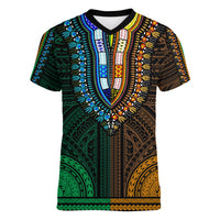 African Dashiki Women V Neck T Shirt With Polynesian Pattern - Half Green and Gold - Wonder Print Shop
