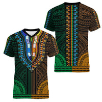 African Dashiki Women V Neck T Shirt With Polynesian Pattern - Half Green and Gold - Wonder Print Shop