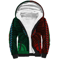 Green and red dashiki sherpa hoodie with hood and white fleece lining, kangaroo pocket