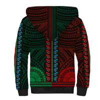 Green and red dashiki hoodie with patterned hood, kangaroo pocket, dark cuffs