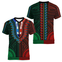 African Dashiki Women V Neck T Shirt With Polynesian Pattern - Half Green and Red - Wonder Print Shop