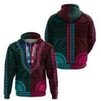 African Dashiki Hoodie With Polynesian Pattern - Half Teal and Pink - Wonder Print Shop