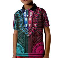 African Dashiki Kid Polo Shirt With Polynesian Pattern - Half Teal and Pink - Wonder Print Shop