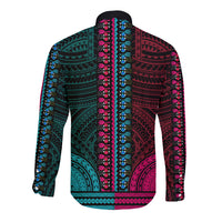 African Dashiki Long Sleeve Button Shirt With Polynesian Pattern - Half Teal and Pink - Wonder Print Shop