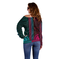 African Dashiki Off Shoulder Sweater With Polynesian Pattern - Half Teal and Pink - Wonder Print Shop