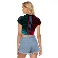 African Dashiki Raglan Cropped T Shirt With Polynesian Pattern - Half Teal and Pink - Wonder Print Shop