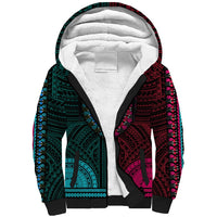 Unisex sherpa hoodie with half teal and pink geometric Polynesian pattern, white-lined hood