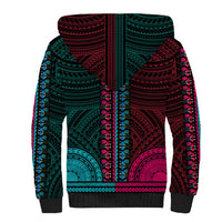 Unisex sherpa hoodie with dark teal and burgundy geometric pattern, long sleeves and hood