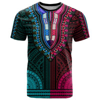 African Dashiki T Shirt With Polynesian Pattern - Half Teal and Pink - Wonder Print Shop