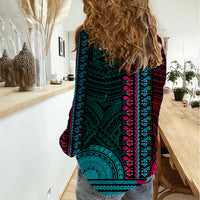 African Dashiki Women Casual Shirt With Polynesian Pattern - Half Teal and Pink - Wonder Print Shop