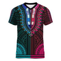 African Dashiki Women V Neck T Shirt With Polynesian Pattern - Half Teal and Pink - Wonder Print Shop