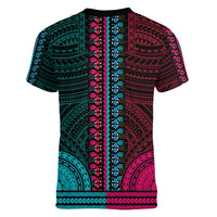 African Dashiki Women V Neck T Shirt With Polynesian Pattern - Half Teal and Pink - Wonder Print Shop