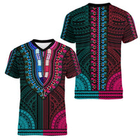 African Dashiki Women V Neck T Shirt With Polynesian Pattern - Half Teal and Pink - Wonder Print Shop