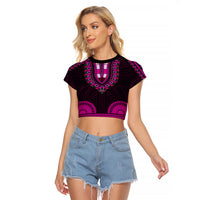 African Dashiki Raglan Cropped T Shirt With Polynesian Pattern - Pink - Wonder Print Shop
