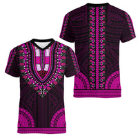 African Dashiki Women V Neck T Shirt With Polynesian Pattern - Pink - Wonder Print Shop