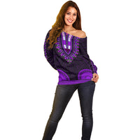 African Dashiki Off Shoulder Sweater With Polynesian Pattern - Purple - Wonder Print Shop