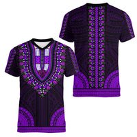 African Dashiki Women V Neck T Shirt With Polynesian Pattern - Purple - Wonder Print Shop