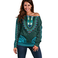 African Dashiki Off Shoulder Sweater With Tapa Pattern - Teal - Wonder Print Shop