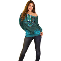 African Dashiki Off Shoulder Sweater With Tapa Pattern - Teal - Wonder Print Shop
