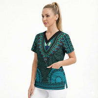 Teal Dashiki and Tapa Pattern Scrub Top Africa-Polynesia Together Culture