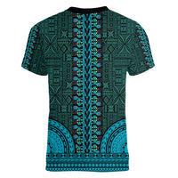 African Dashiki Women V Neck T Shirt With Tapa Pattern - Teal - Wonder Print Shop