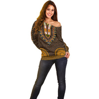 African Dashiki Off Shoulder Sweater With Tapa Pattern - Gold - Wonder Print Shop