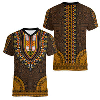 African Dashiki Women V Neck T Shirt With Tapa Pattern - Gold - Wonder Print Shop